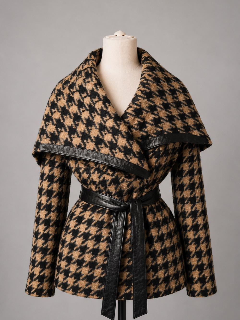 Max Mara Made Italy Houndstooth Belted Wrap Coat Leather Trim Size 8 - Picture 4 of 14